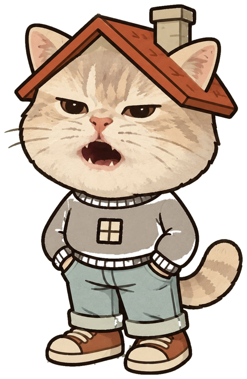 Vrax, a grumpy cream-colored cat wearing a red house roof as a hat